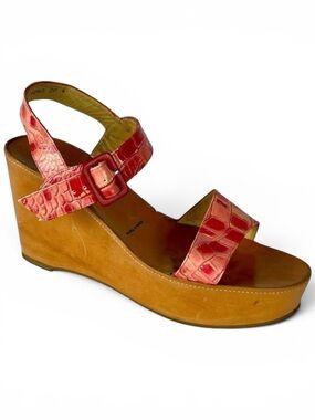 ROBERT CLERGERIE CORAL RED CROCODILE STAMPED PLATFORM WEDGE SANDALS